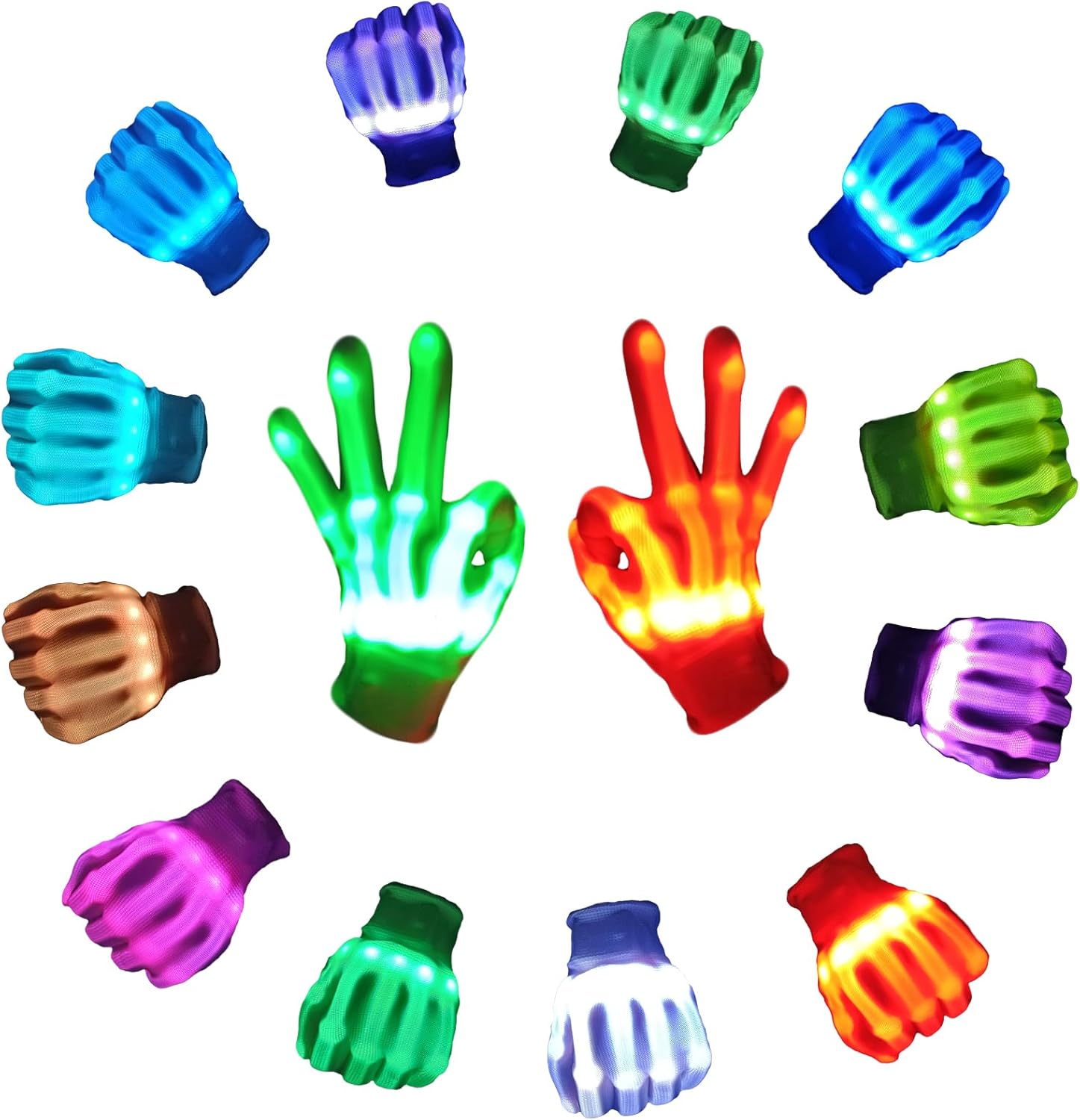 12 Color Led Light up Gloves Cool Finger Flashing Toys Gifts for Halloween Christmas Easter Birthday Parties（only 1 pair）