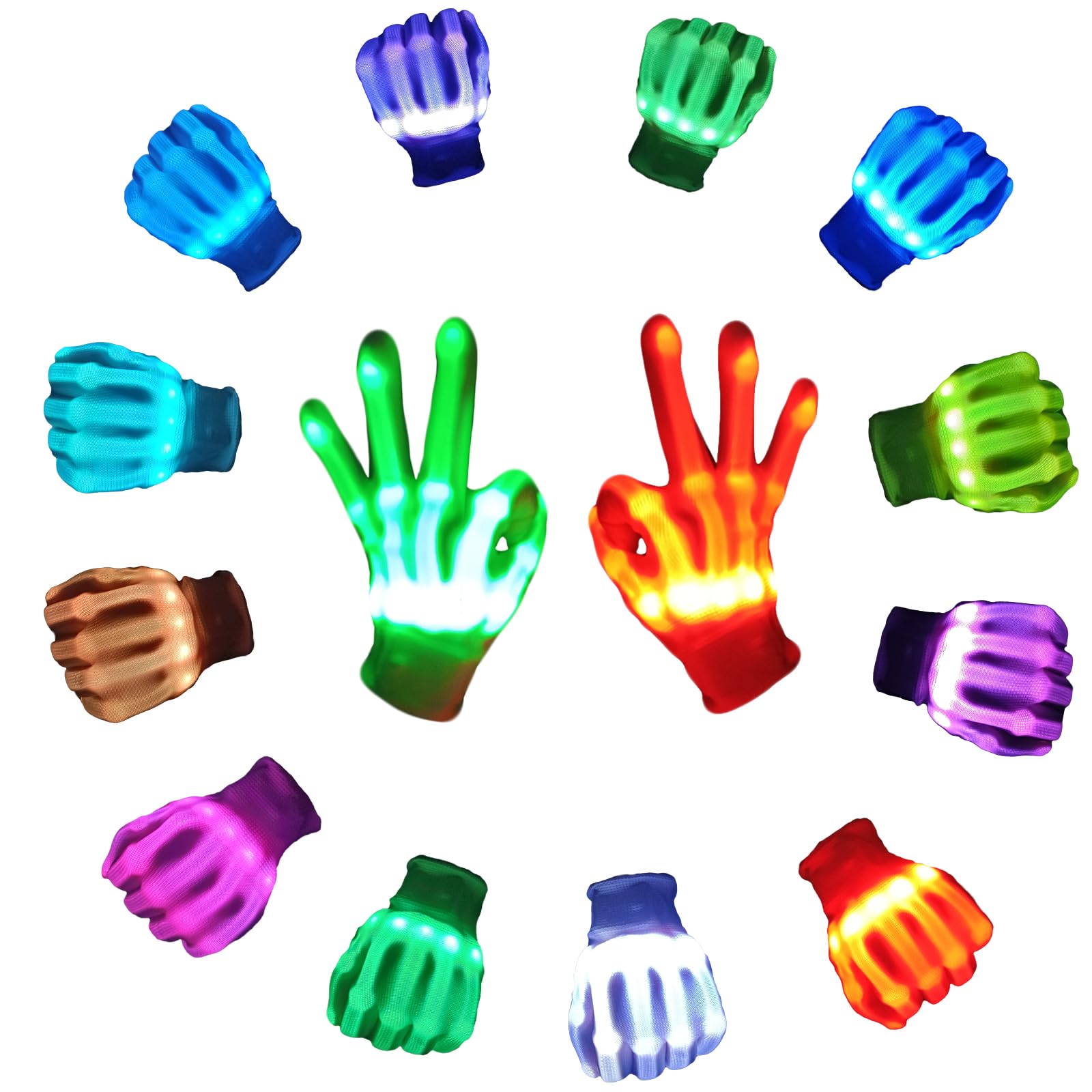 12 Color Led Light up Gloves Cool Finger Flashing Toys Gifts for Halloween Christmas Easter Birthday Parties（only 1 pair）