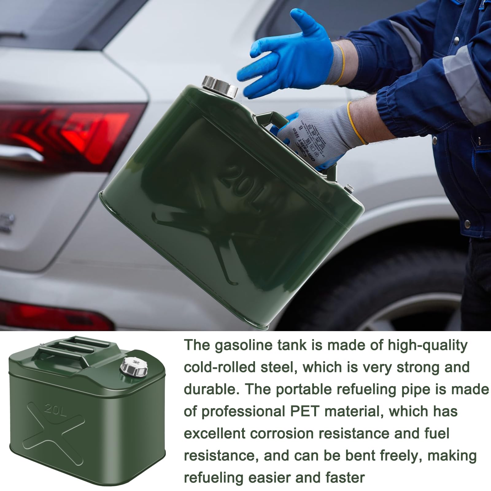 Bidón de combustible de 20 litros, color verde, lata de gasolina de metal con tubo de tanque de combustible portátil, para diésel, gasolina, aceite