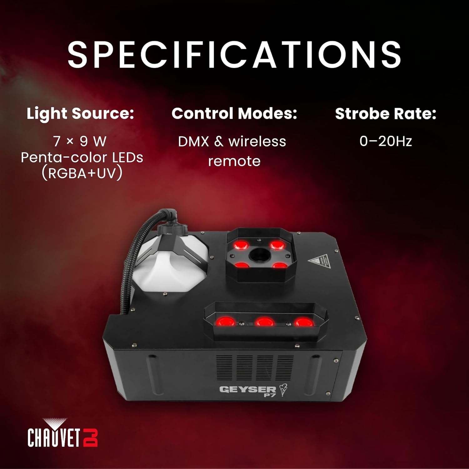 CHAUVET DJ – Geyser P7 Vertical Burst System | Pyrotechnic Style Output Without Fire Or CO2 | Dual LED Zones With RGBA UV Mixing | DMX & Wireless Remote Operation | Flexible Mounting Options
