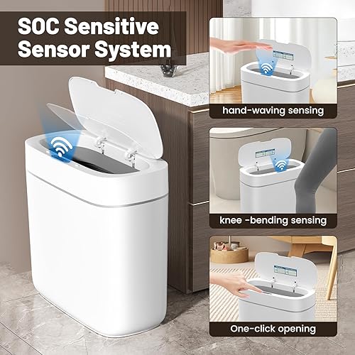 Miniatura 4 de MOPALL Basurero de baño con tapa, cubo de basura automático con sensor de movimiento de 3.5 galones, resistente al agua, sin contacto, cesta de