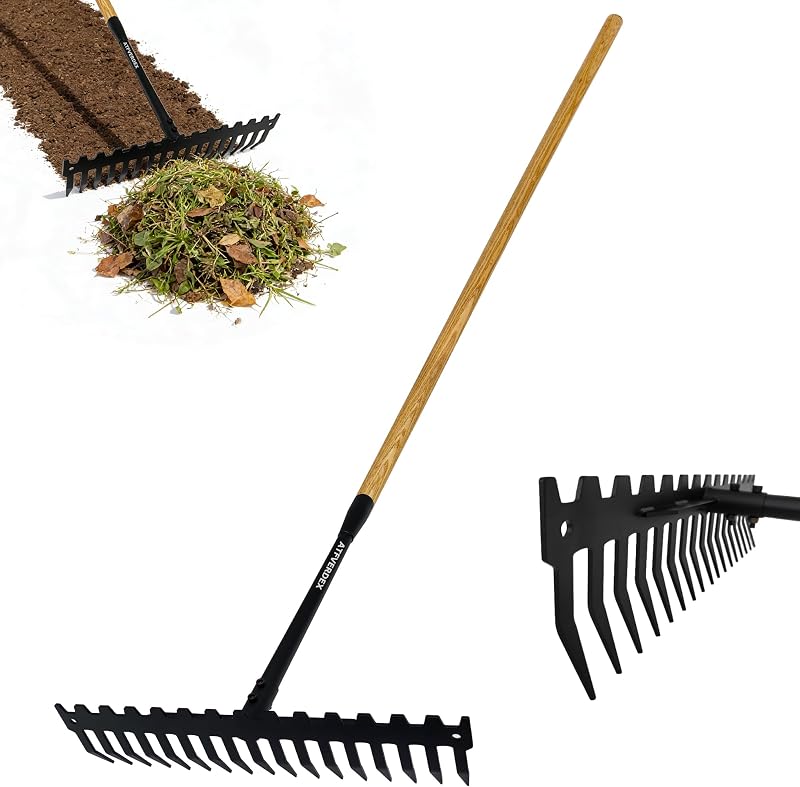 Garden Rake, 60" Wooden Handle with 17-Tine Metal Bow Rake, Secure Fit | Stop Back Pain! Rock Rake Heavy Duty for Loosening Soil,Leveling Gravel,Clearing Fallen Leaves,Removing Sod and Landscaping