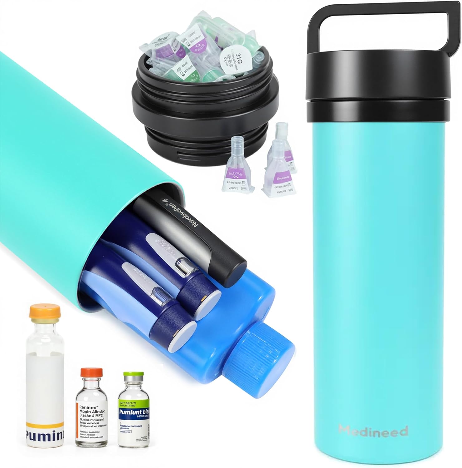 Medineed Insulin Cooler Travel Case TSA Approved, 60H Refrigerated Diabetes Travel Organizer with Ice Packs, Large Medication Cooler with Needle Compartment for Diabetic Supplies (Black)