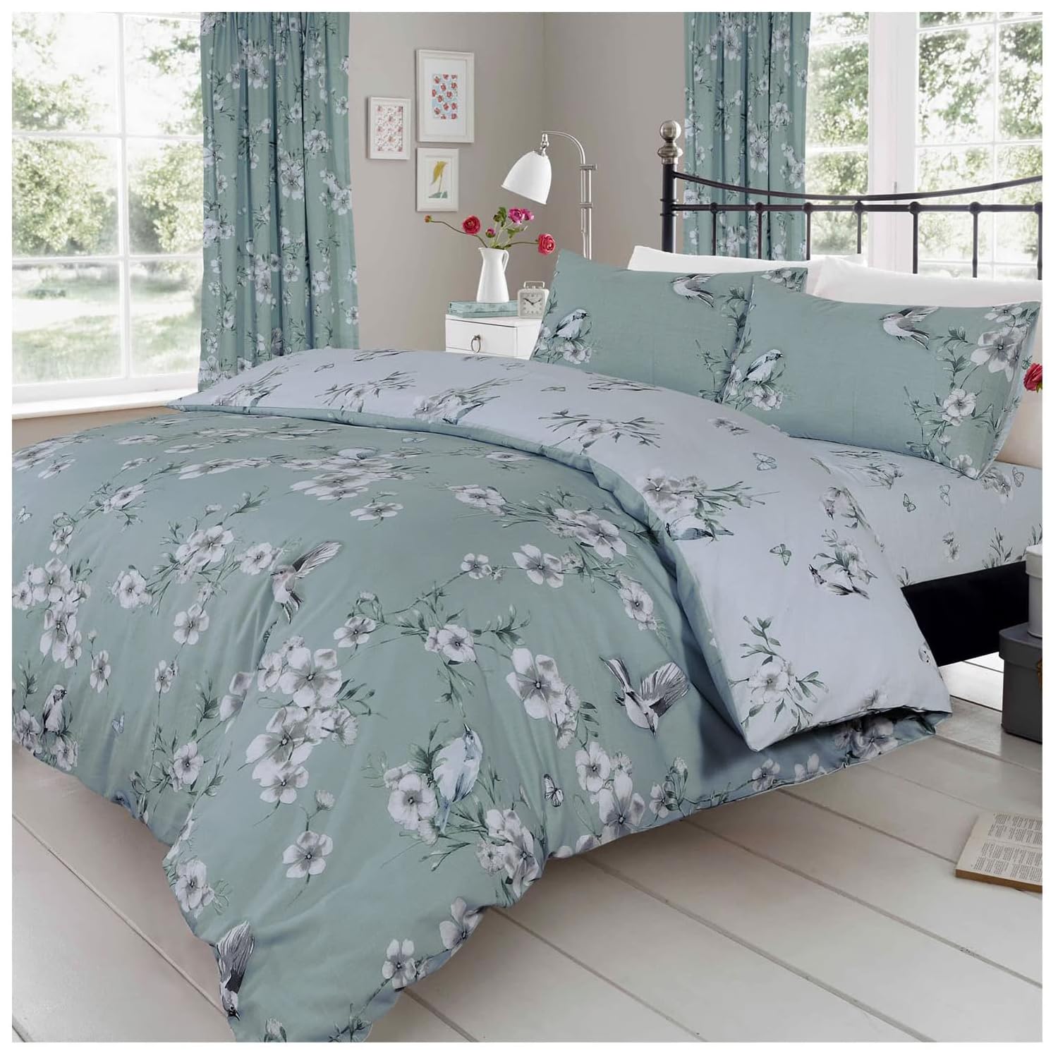 GC GAVENO CAVAILIA Reversible Botanical Bedding Set With Pillowcases, Luxury Birds Birdie Blossom Floral Super King Duvet Cover, Breathable Quilt Bed Linen Set, Duck Egg โ image 1