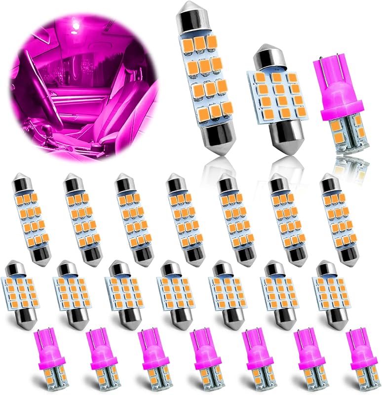NTNEV 24PCS LED Interior Replacement Bulbs, Interior Car Lights, Dome Light LED Car Bulb Kit Set T10 31 mm 42 mm, Used for Map Dome Lights and License Plate Courtesy Lights Accessories (Pink)