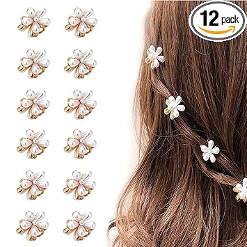 Exclusive Korean Style Small Pearl Hair Claw Clips Mini Pearl Claw Clips with Storage Box, Flower Design, Decorative Hair Accessories for Women Girls (12 Pieces)