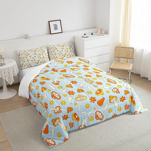 Miniatura 4 de Erosebridal Juego de ropa de cama con diseño de hongos hippie para niños, diseño floral, bohemio, retro, de los años 70, decoración de edredón,