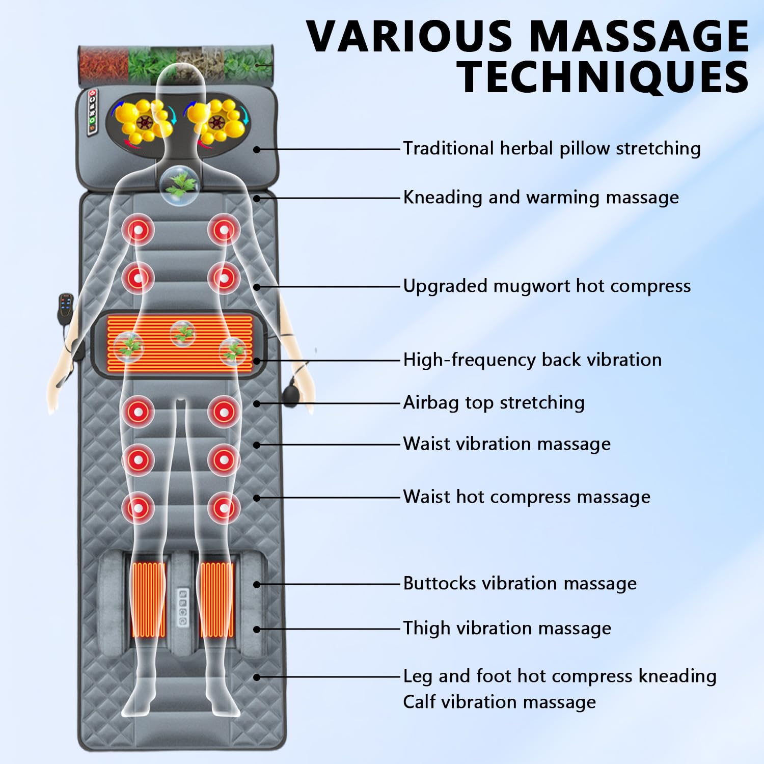 Tapis de massage 5 en 1 pour tout le corps avec fonction chauffante, 12 moteurs de vibration, coussin d'airbag lombaire réglable