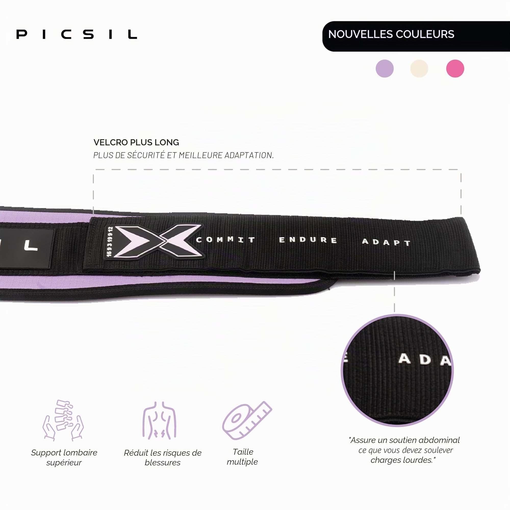 PICSIL - Ceinture Powerlifting en Cuir Synthétique, Support Lombaire pour Squat, Développé Couché et Deadlift, Réglable avec Velcro