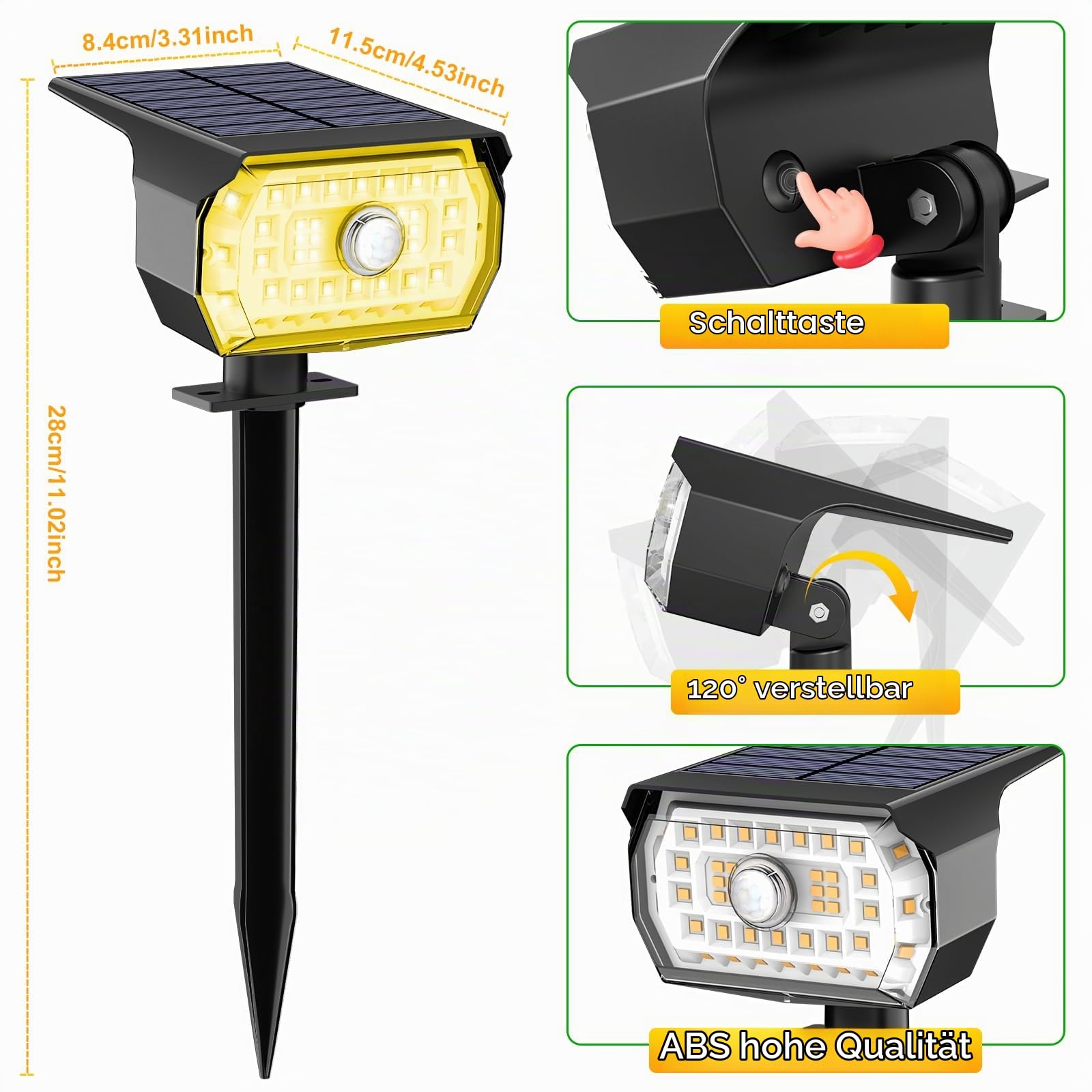 Solarlampen für Außen mit Bewegungsmelder, 4 Stück 43LED SolarStrahler 3000K Warmweiß Solarleuchten für Außen Garten, 3 Modi Solar Gartenleuchten Solar Strahler Aussen Weg Hof Gehweg