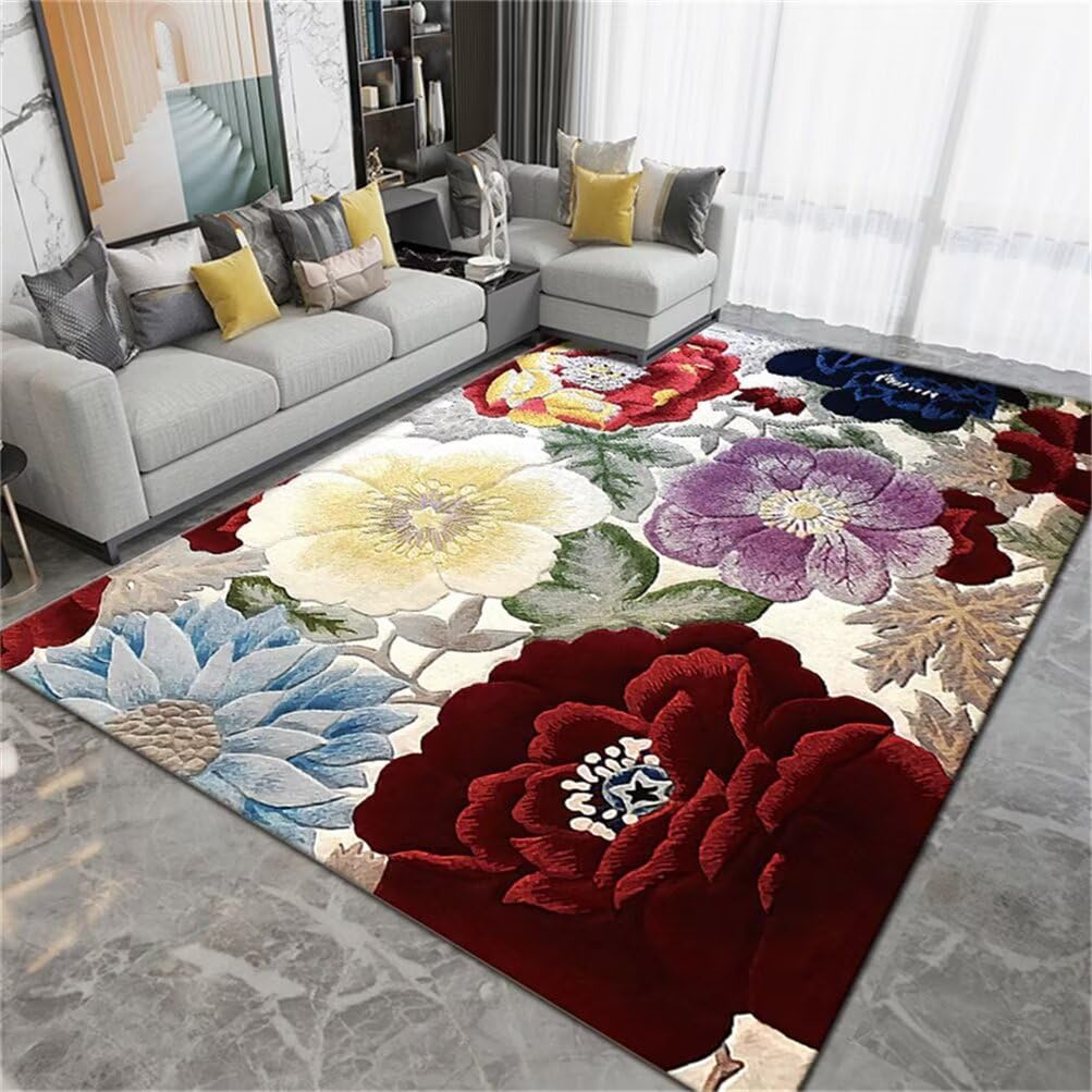 Tapis de salon doux et durable grand format au design floral artistique