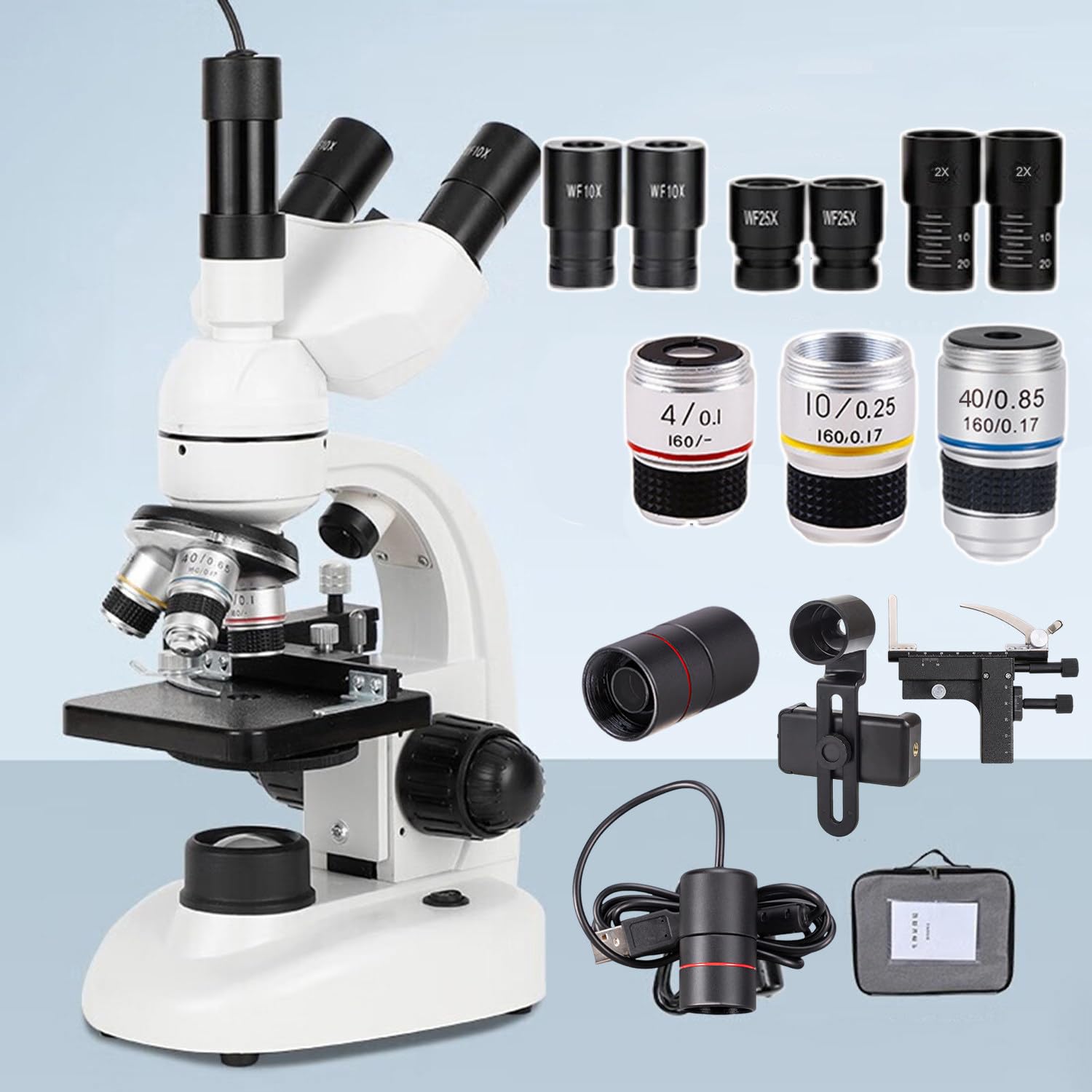 Microscopio Trinocular HD Mejorado, con Ocular Electrónico, Microscopio de Luz Compuesto, Lente Objetivo 4X, 10X, 40X, 100X, con Soporte para Teléfono Móvil/Calibre Vernier, 110V-240V,2000X