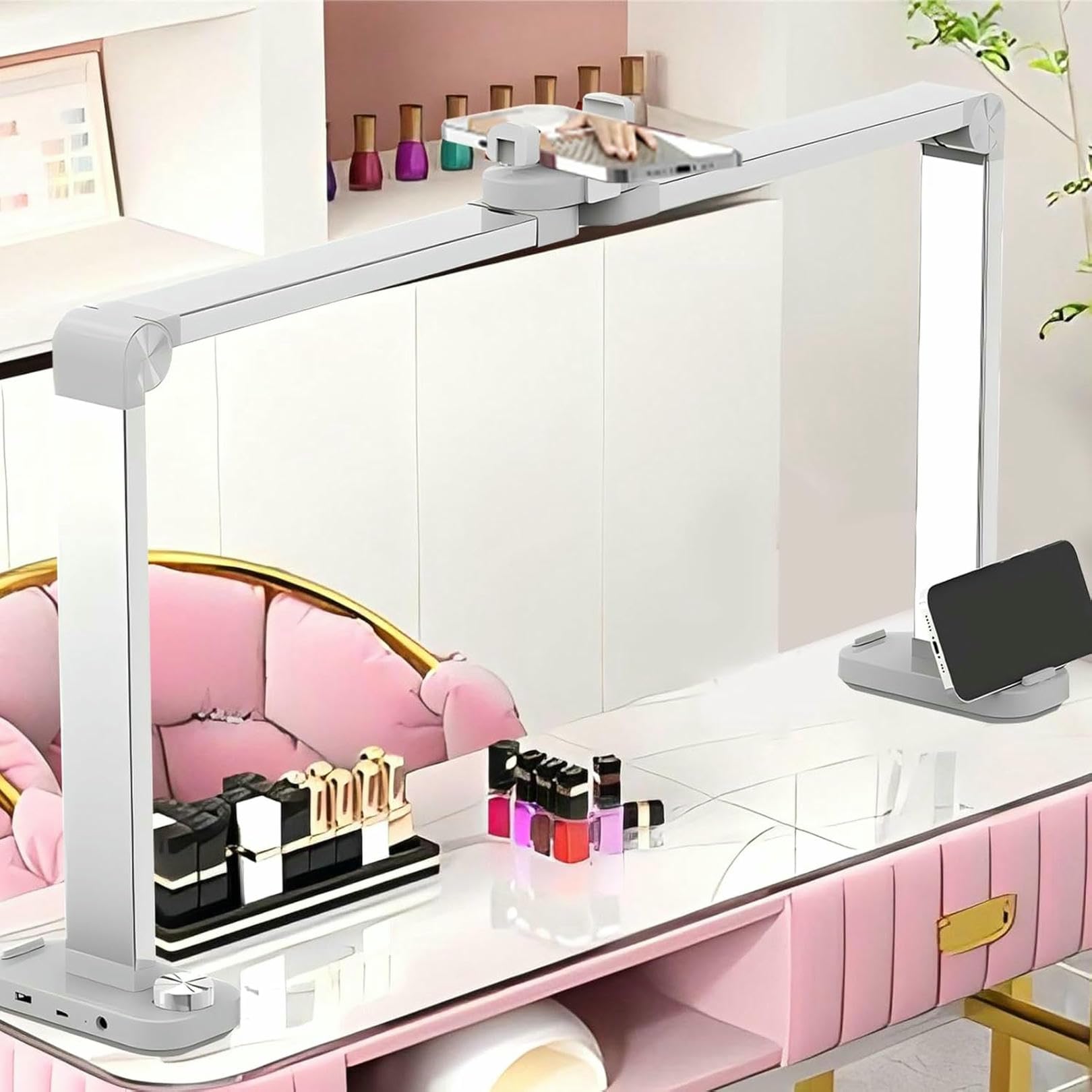 Xdrgooiuy White Half Moon Light For Nail Desk,34In Foldable Nail Tech Desk Lamp With Holder,Nail Desk Lamp,Stepless Adjustment, For Eyelash Tech/Makeup/Tattoo/Salon