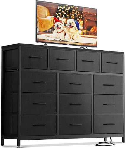ODK Cómoda con estación de carga, cómoda de 57 pulgadas de largo para dormitorio, soporte de TV grande con 13 cajones de almacenamiento, cómoda de