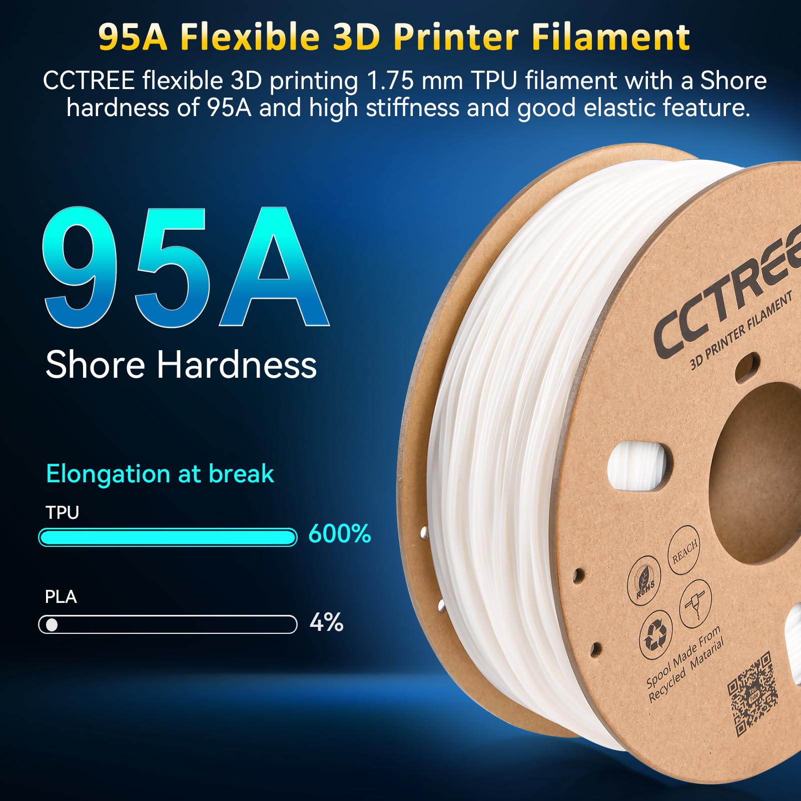 CCTREE Filament TPU flexible de 1,75 mm pour impression 3D, 1 kg, précision dimensionnelle +/- 0,03 mm, dureté Shore 100 A, filament TPU flexible compatible avec la plupart des imprimantes 3D FDM