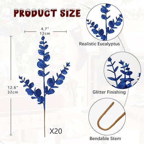 Miniatura 2 de Hollyone 12 agujas de pino artificiales con purpurina, ramas de pino de 13 pulgadas, follaje de Navidad, tallos de pino, hojas de champán, agujas de