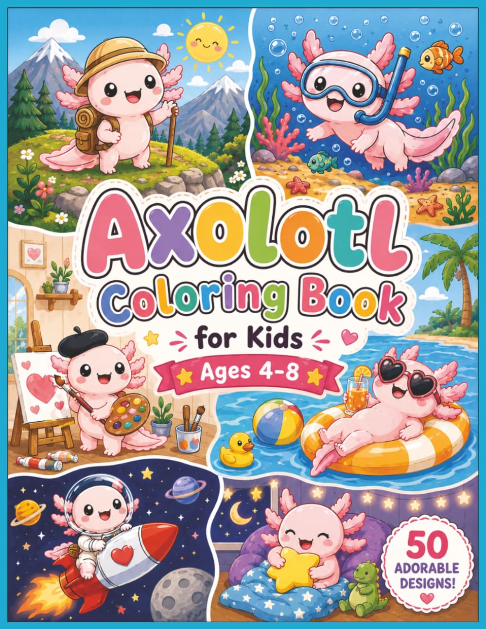 Axolotl Coloring Book for Kids Ages 4-8: 50 Cute and Easy Coloring Pages with Kawaii Axolotls | Fun, Simple and Relaxing Designs for Boys and Girls