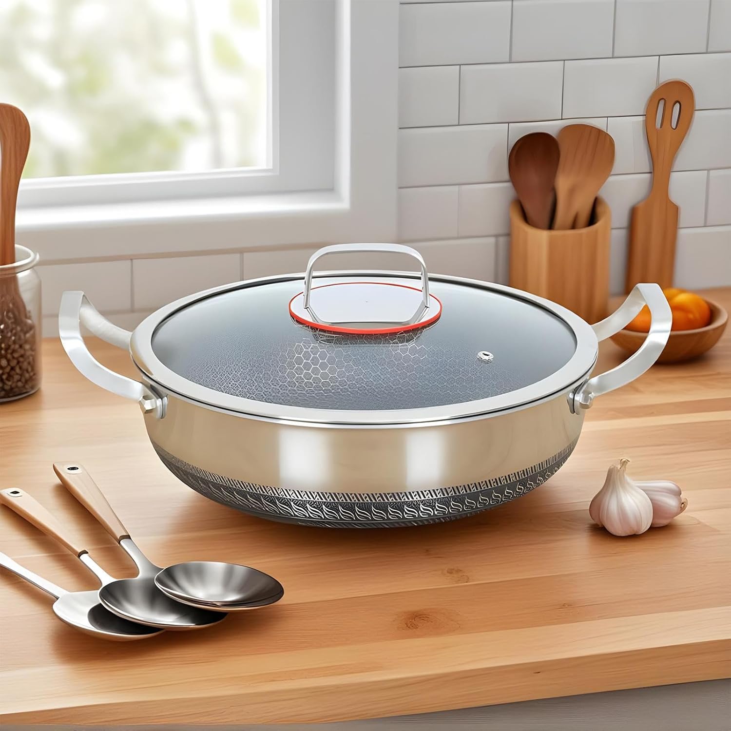 Saute Pan - Stainless Steel Frying Pan, Nonstick Double Handled Pans with Lid, Even-Heat Cookware, Large Kitchen Skillet for Home Restaurant Searing Baking | Stir Fry Omelette Fish Eggs Pancak