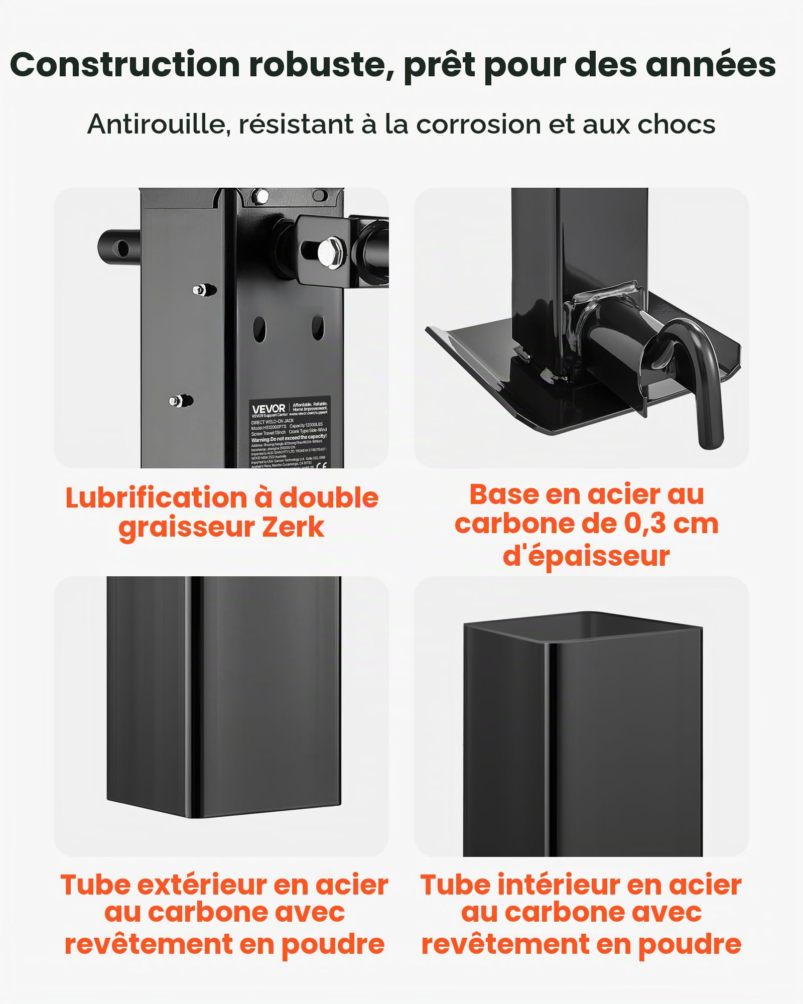VEVOR Cric de Remorque Carré à Souder Capacité Charge 5443 kg Course 330 mm avec Manivelle, Pied Réglable, Cric de Remorque Manuel Levage Jusqu’à 67,4 cm pour Remorques de VR, Utilitaires, de Yachts