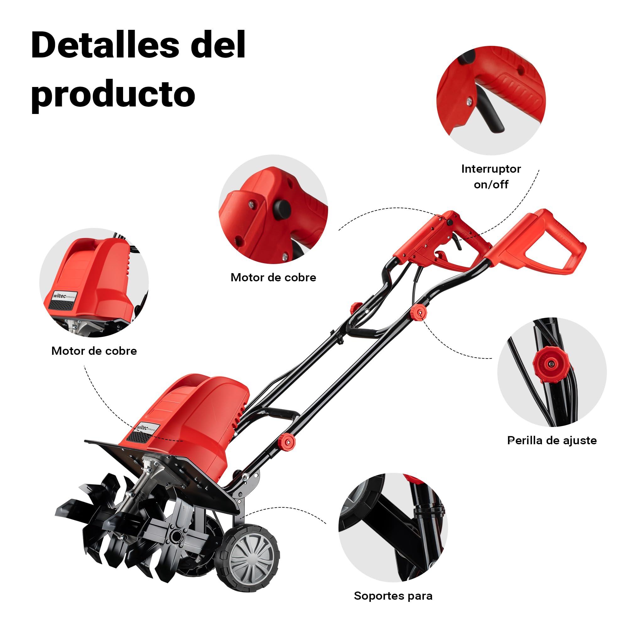 Wiltec Motocultor eléctrico para jardín 1500 W, motoazada eléctrica con 400 RPM, Profundidad de Trabajo 220 mm, con Ruedas