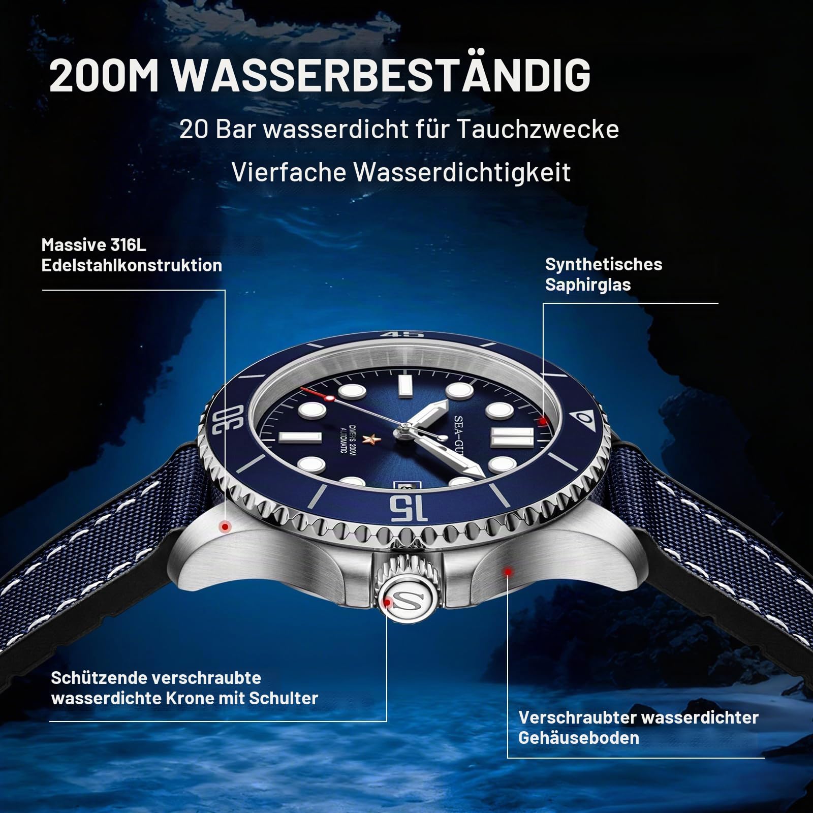 SEA-GULL Automatische mechanische Taucheruhr für Herren, 200 m, wasserdicht, Business-Kleid, leuchtender Kalender, Armbanduhren, 40 mm, Ozean-Serie 6204