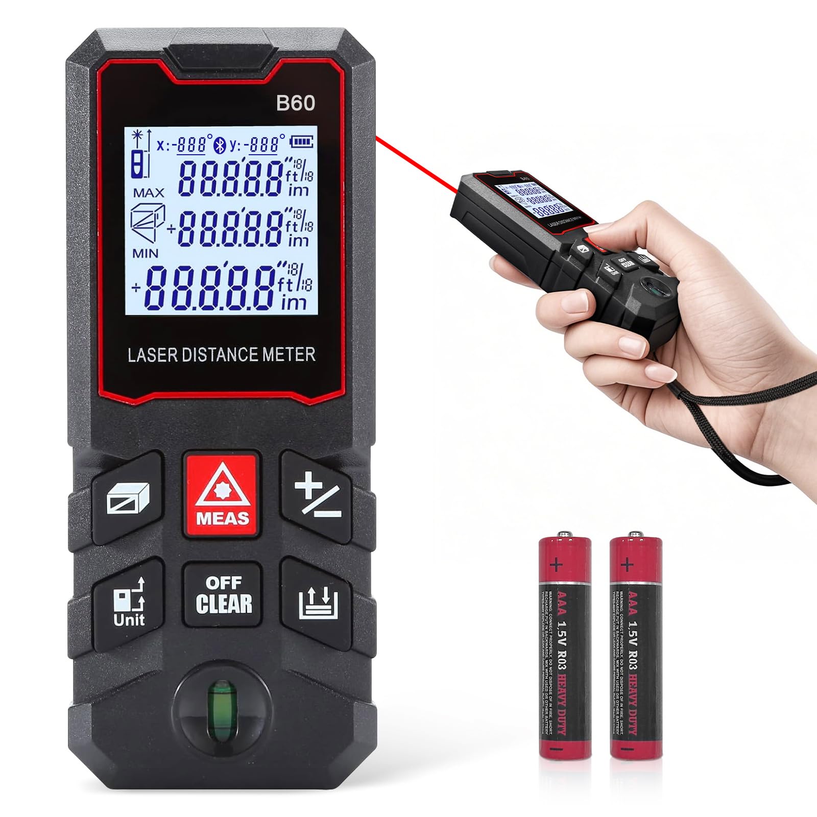 Laser Meter,Digital Laser Rangefinder,Digital Laser Distance Meter with 1 Bubble Levels,M/In/Ft Unit switching Backlit 2.0 Inch LCD, Measure Distance, Area and Volume Diastimeter 60m/ 197ft