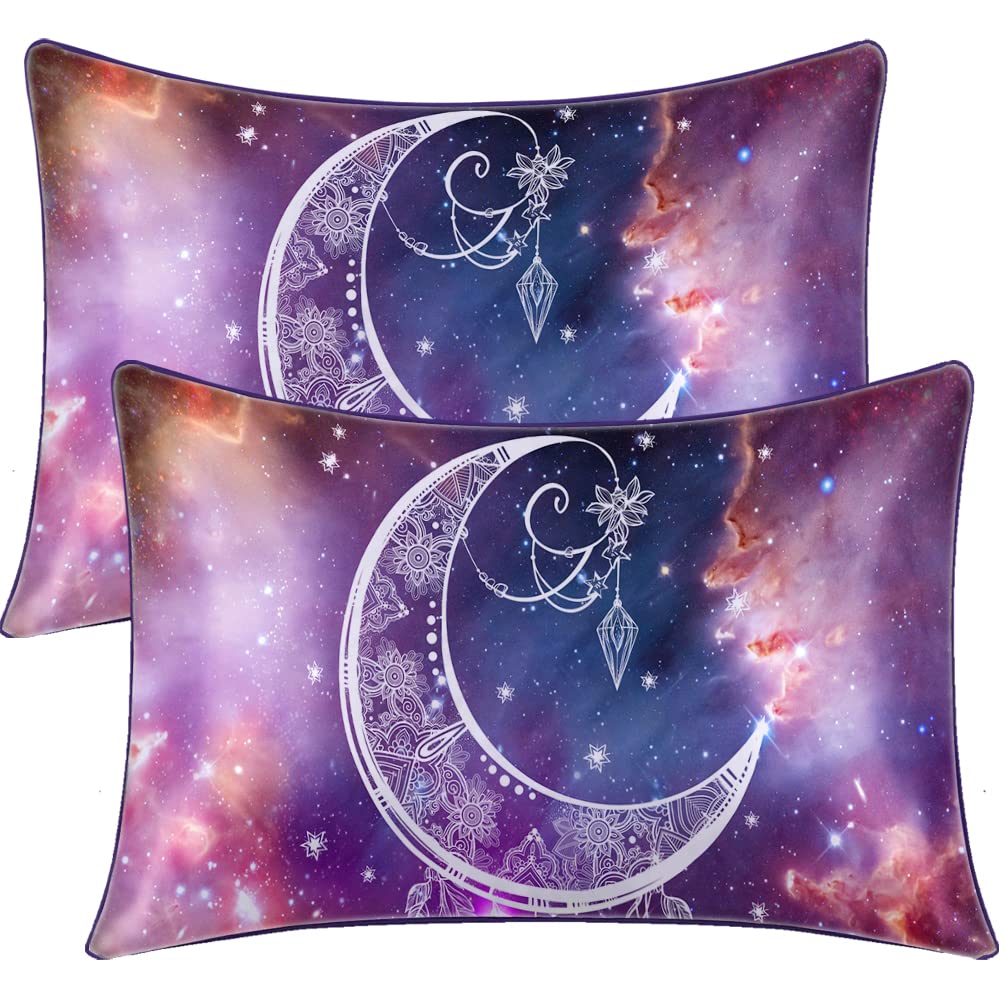 BlessLiving Satin Pillowcase Star Galaxy Pillow Cases Set of 2 Bedding Pillowslip Envelope Closure Crescent Moon Purple Pink Pillow Cover for Hair and Skin,Standard(20''x26'')