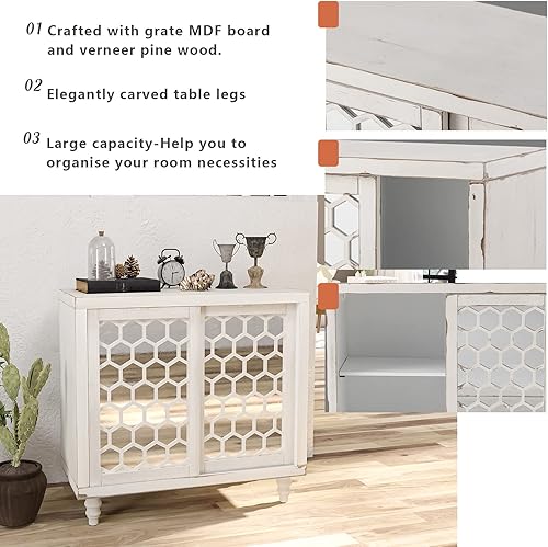 Miniatura 5 de HOMPUS Armario decorativo con puertas y estantes estampados, aparadores rústicos de buffet con puertas de espejo, armario de almacenamiento, barra