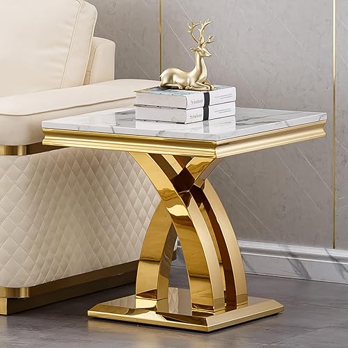 Vista 40 de Henf Mesa consola de mármol sintético, mesa de entrada de mármol blanco de lujo con base de acero inoxidable con espejo dorado, elegante mesa