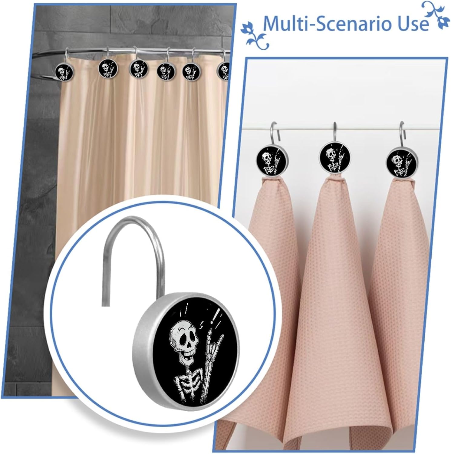 12 PCS Cute Skeleton Shower Curtain Hooks, Rustproof Crystal Glass Shower Curtain Rings Decorative Shower Hooks, Round Shower Rings Hangers, Home Bathroom Bedroom Decor