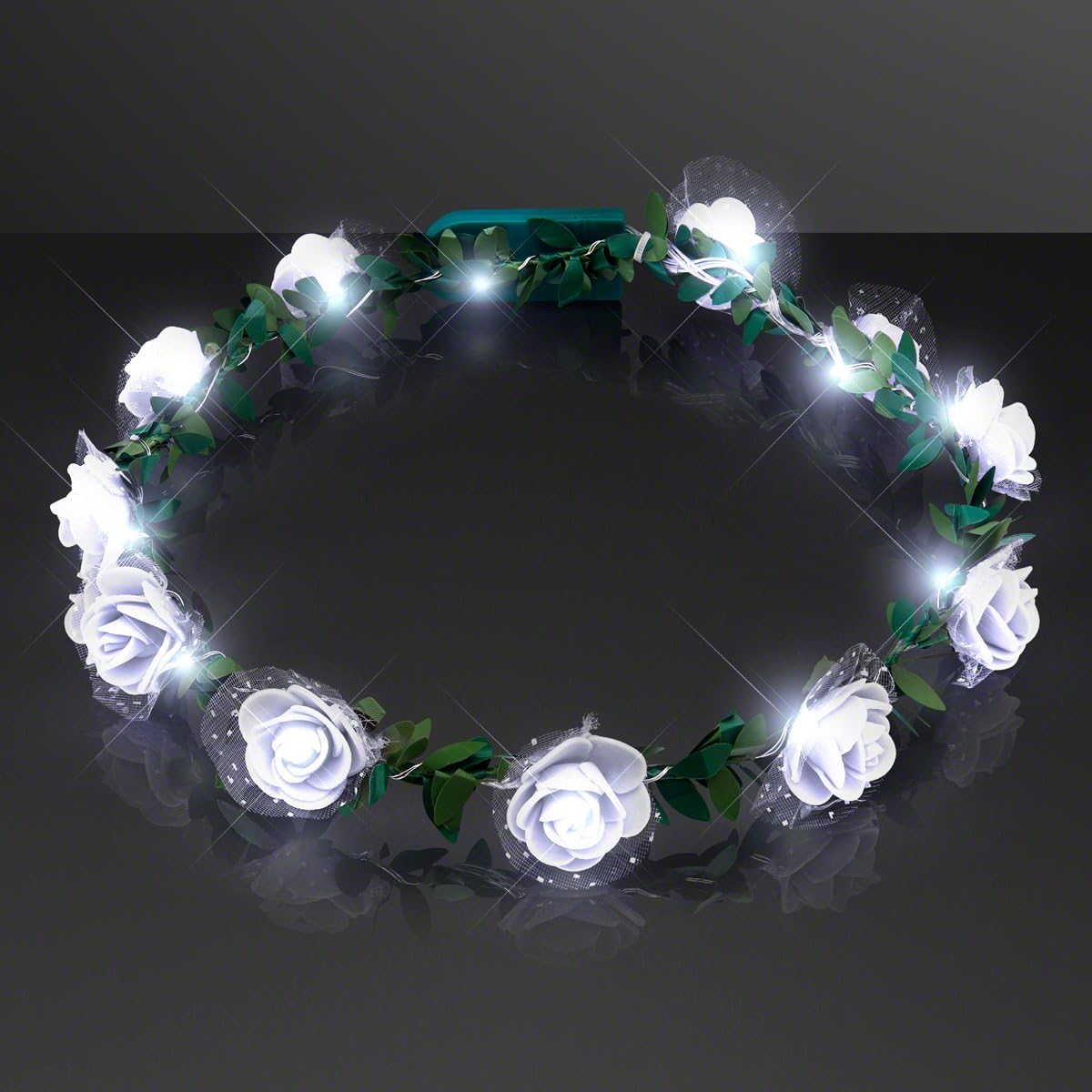 FlashingBlinkyLights White Rosebud LED Flower Halo Light Up Crown with Still Lighting (Set of 12)