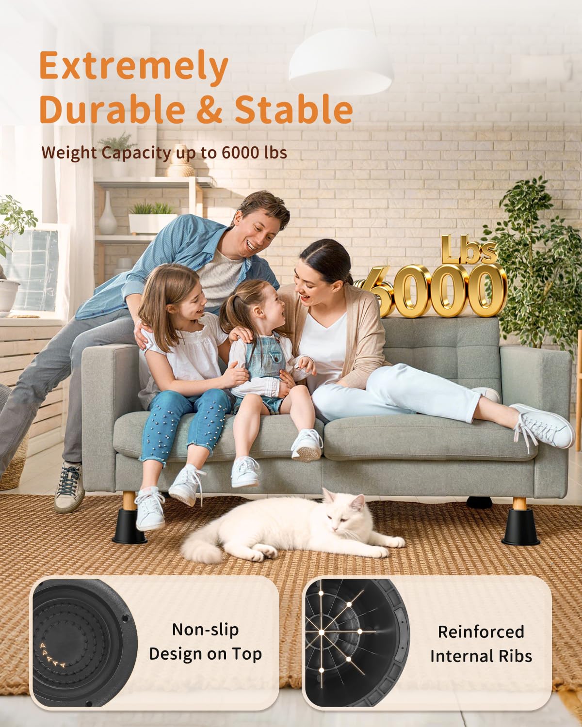 Elevadores de cama resistentes de 9.6 pulgadas, elevadores redondos ajustables para camas, sofás, mesas y escritorios (negro, paquete de 4)