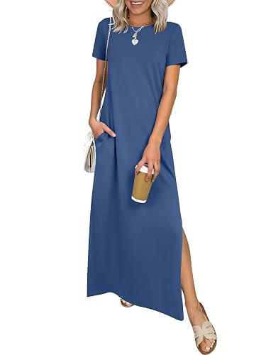 ANRABESS Womens Summer Casual Maxi Dress Short Sleeve Crewneck Split Wrinkle-Free Travel Long Sundress Beach Vacation Cl