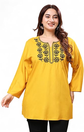 VAAMII Womens Rayon Black Color Embroidered Mustard Top