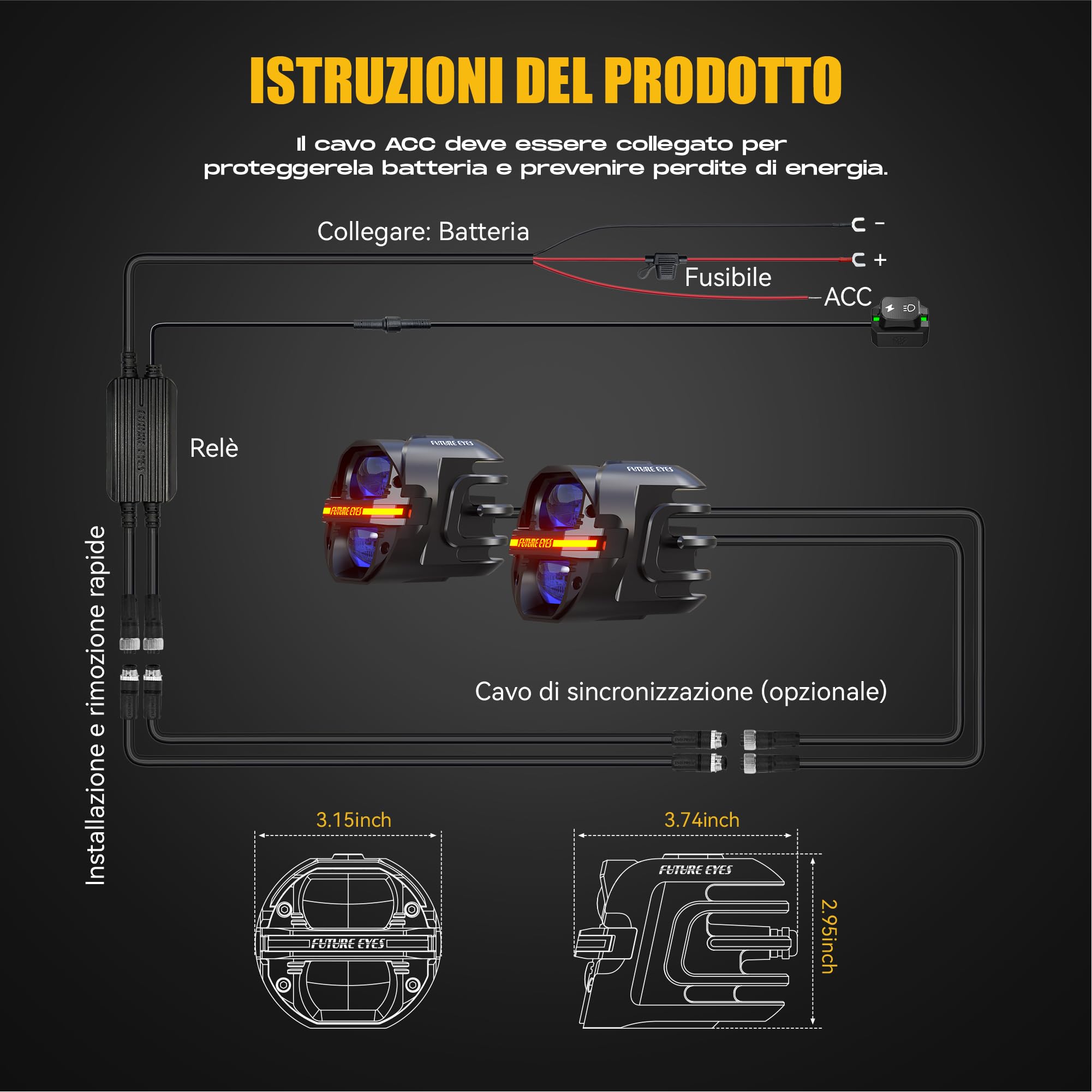 FUTURE EYES Fari Supplementari Moto Omologati E57 CE, 120W 12000LM Faretti LED Supplementari, Fendinebbia Moto Doppia Lente, IP67 Impermeabili