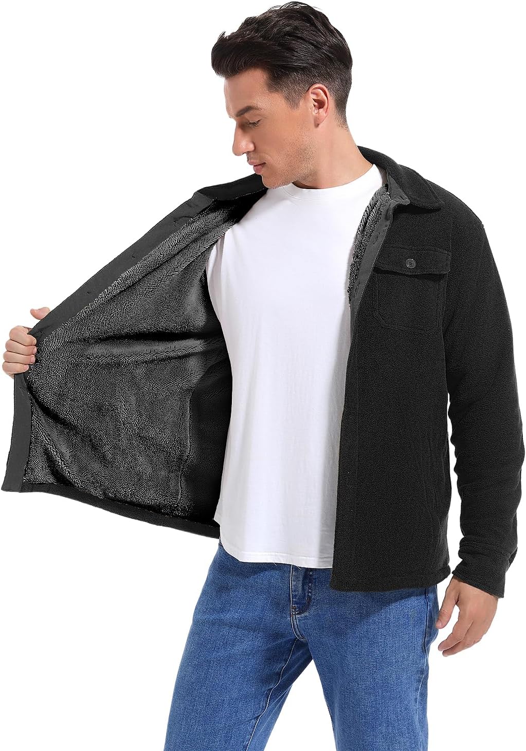 Men's Polar Fleece Warm Sherpa Lined Shirt Jacket for Men Thick Button Down Jacket with Multi Pockets - Image 4