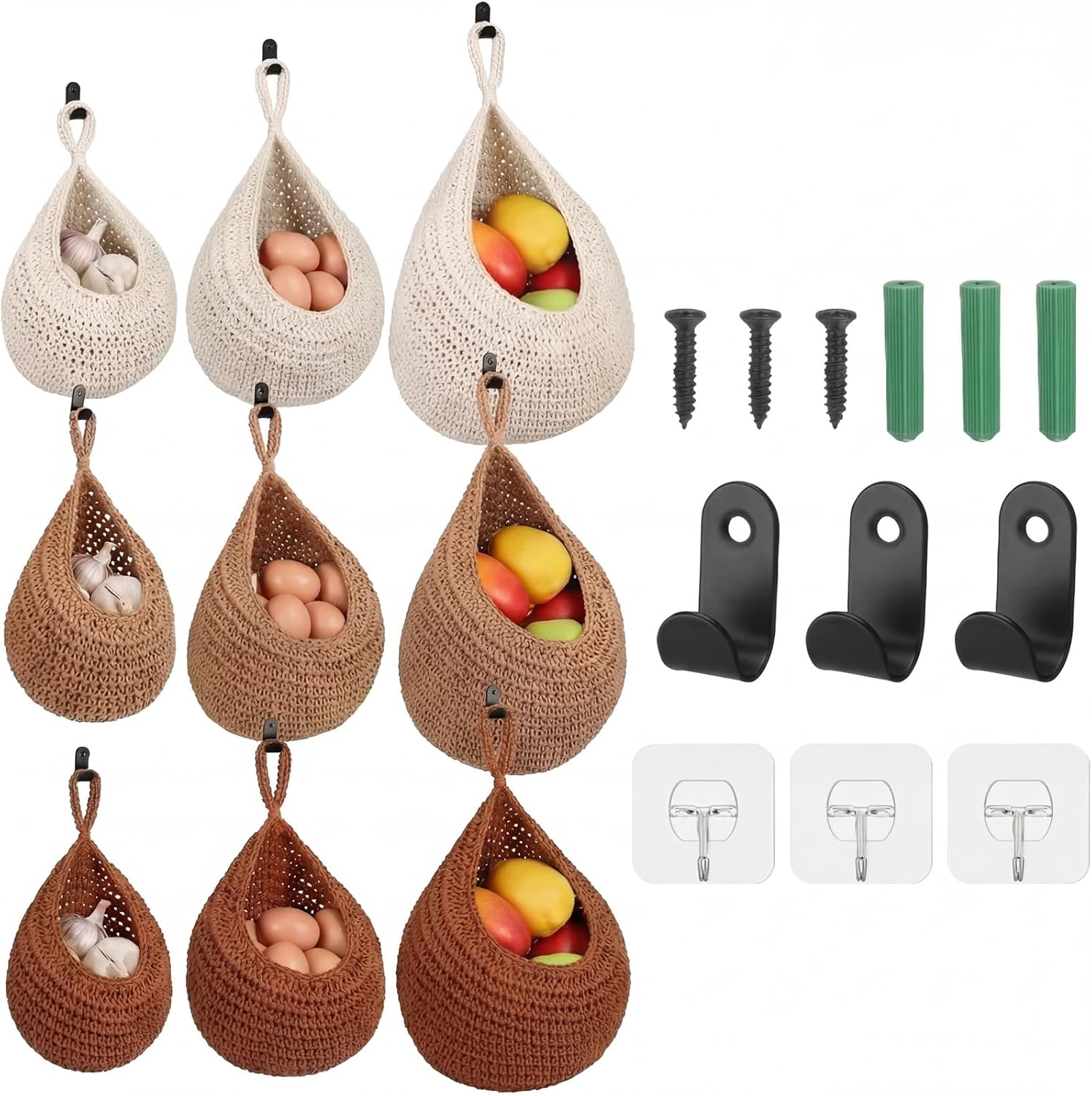LemonRoad Boho Decor Hanging Wall Fruit Baskets for Kitchen 9 Pack Woven Teardrop Produce Baskets with 9 Pcs Strong Hooks 3 Sizes Hanging Storage Vegetable Potato Onion for Home, White, Linen, Jute