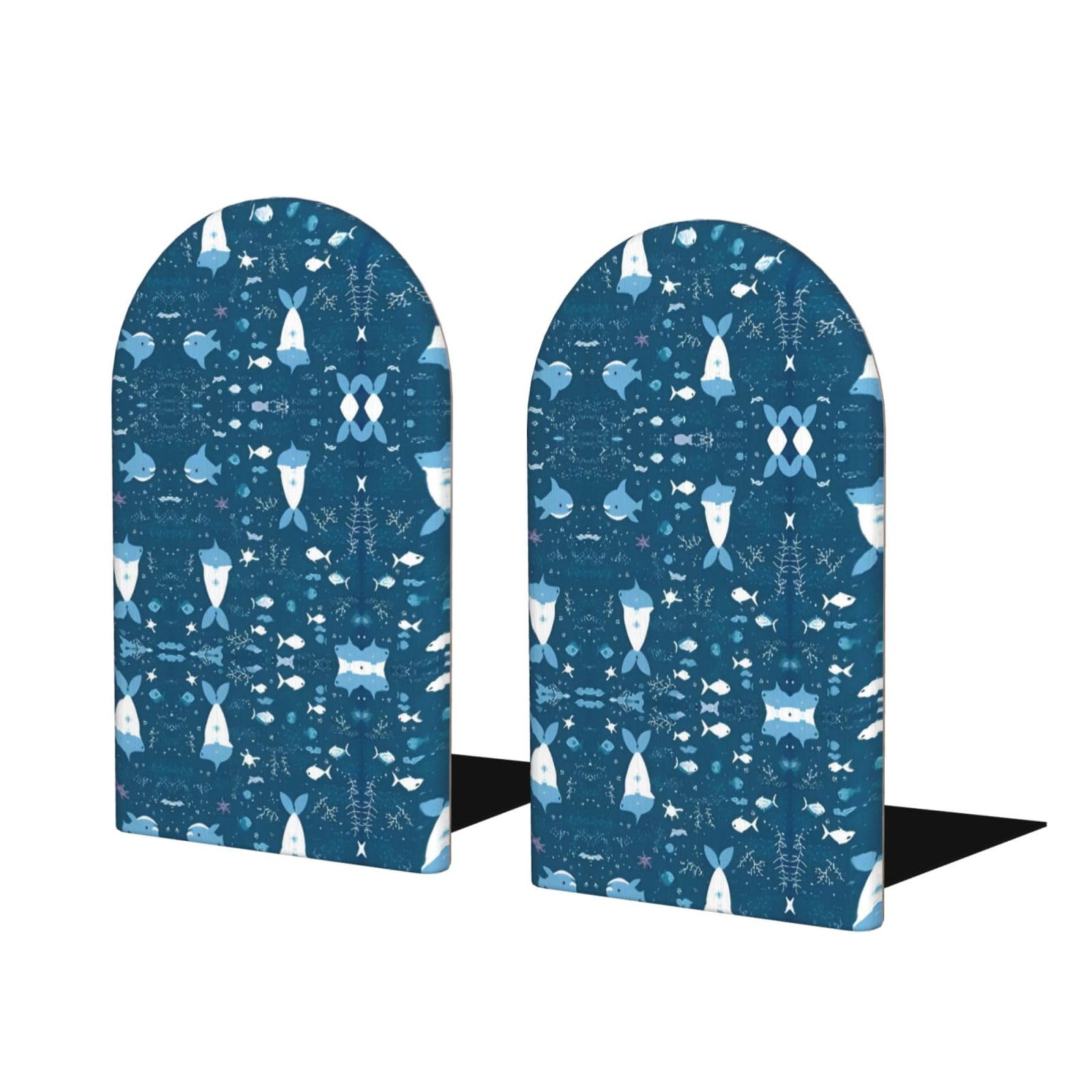 Cute Blue Fish Stylish Bookends with Full-Print Design Durable Wooden and Metal Bookend Set for Home, Office