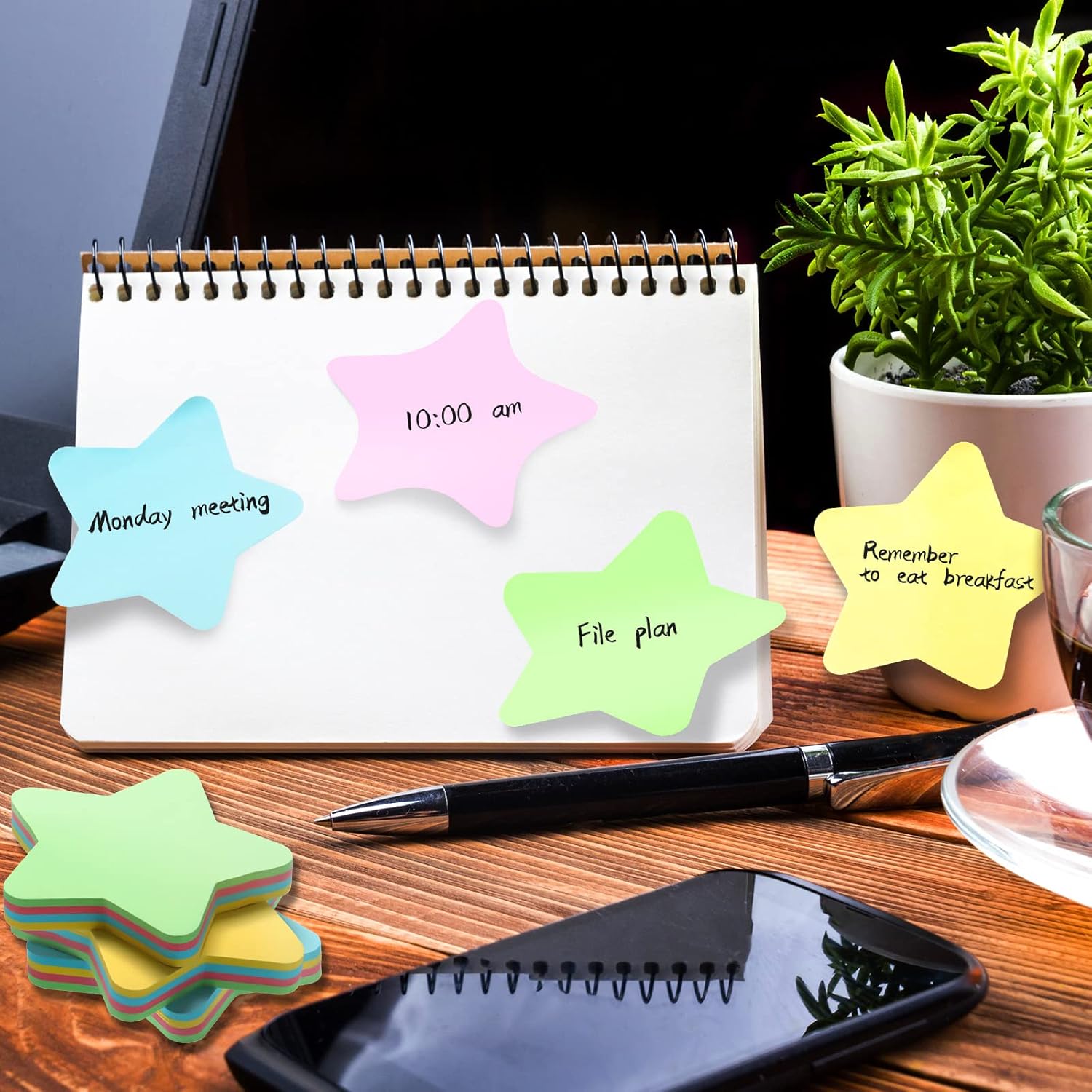 Gersoniel 6 Pack Star Shape Sticky Notes 3 x 3 Inch Adhesive Self Stick Pads Easy to Post for Home Office Business Notebook 4 Colors 100 Sheets/Pad