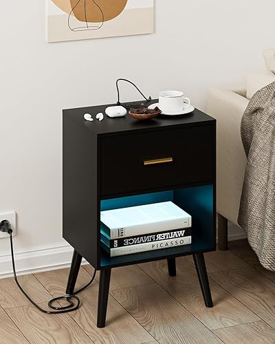 Aobafuir Mesita de noche con estación de carga y luces LED, mesa auxiliar pequeña, mesita de noche con cajón, mesita de noche moderna, mesa auxiliar