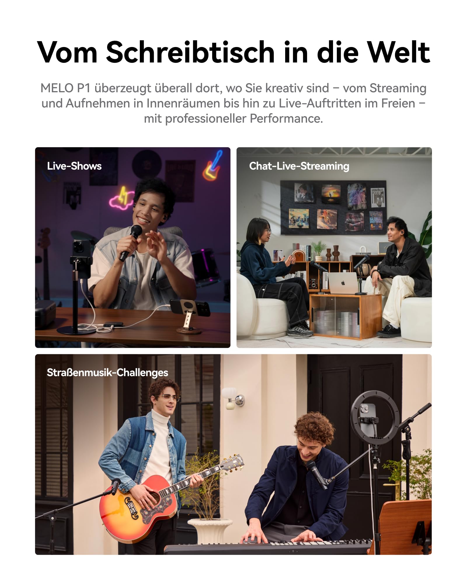 Hollyland MELO P1 Combo: All-in-One Funkmikrofon-System mit Mixer, Monitor-Kopfhörer, KI-Rauschunterdrückung, 100+ Presets & 9 Studio-Effekten für Live-Streaming, Gesangsaufnahmen & Podcasts