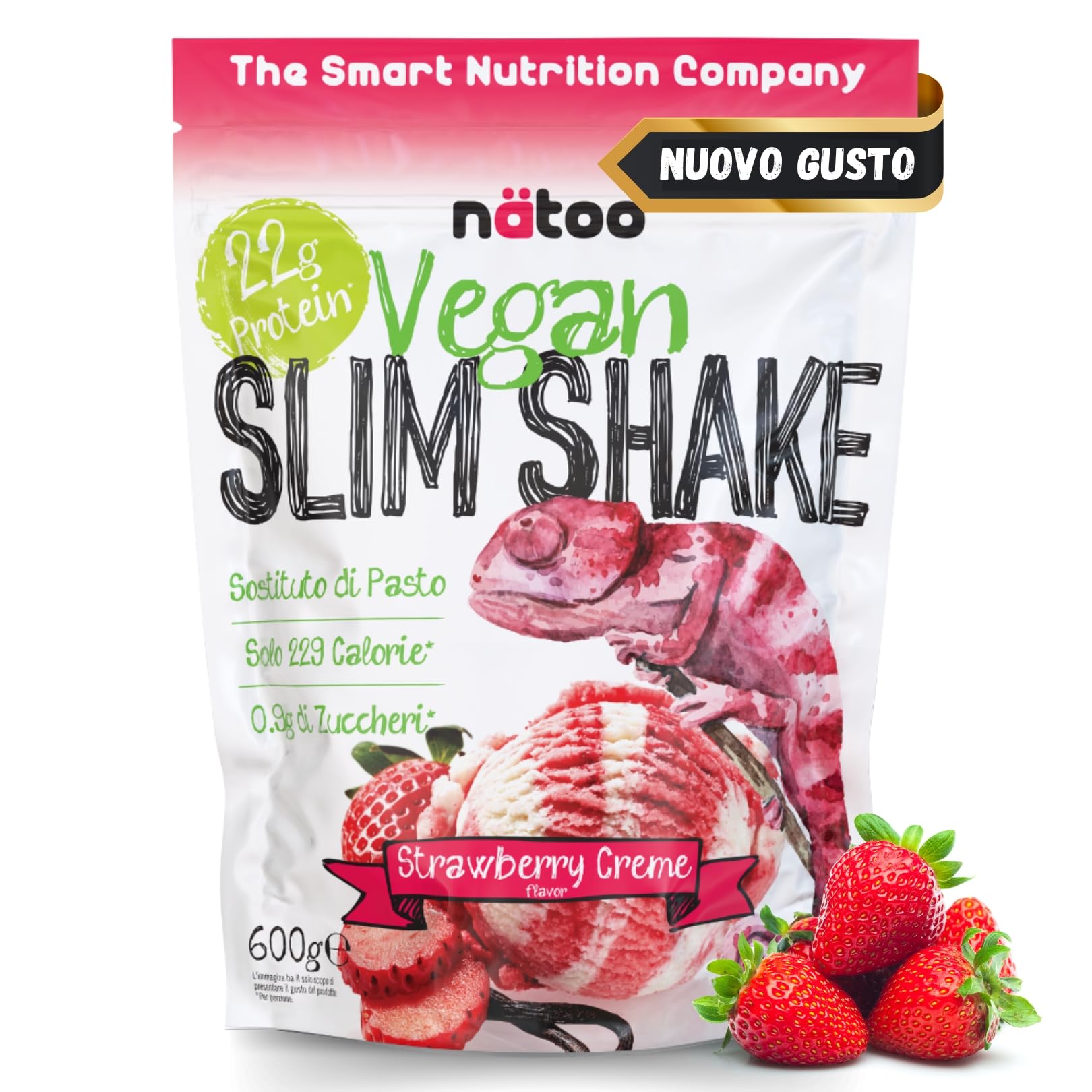 NÄTOO Pasto Sostitutivo Vegan Slim Shake Proteico - Sostituto di pasto completo per il controllo del peso a base di proteine vegetali con 27 minerali e vitamine - 600gr. (10 porzioni) (Fragola)