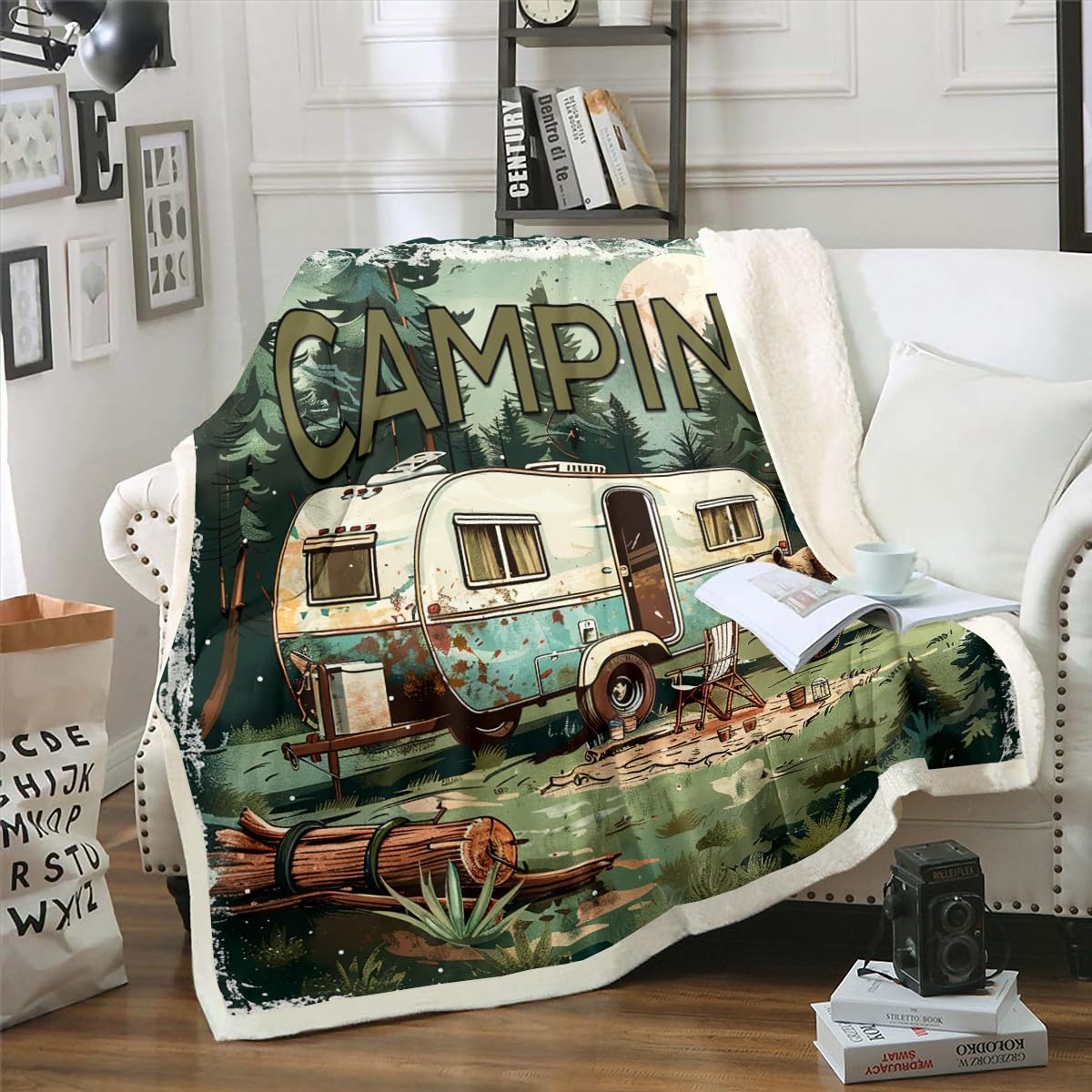 Erosebridal RV Blanket for Bed Couch Camper Blanket Throw,Happy Camping Fleece Blanket for Kids Boys Girls,Vintage Camper Bed Blankets for Travel Trailer,Bear Rustic Country Bedroom Decor 50
