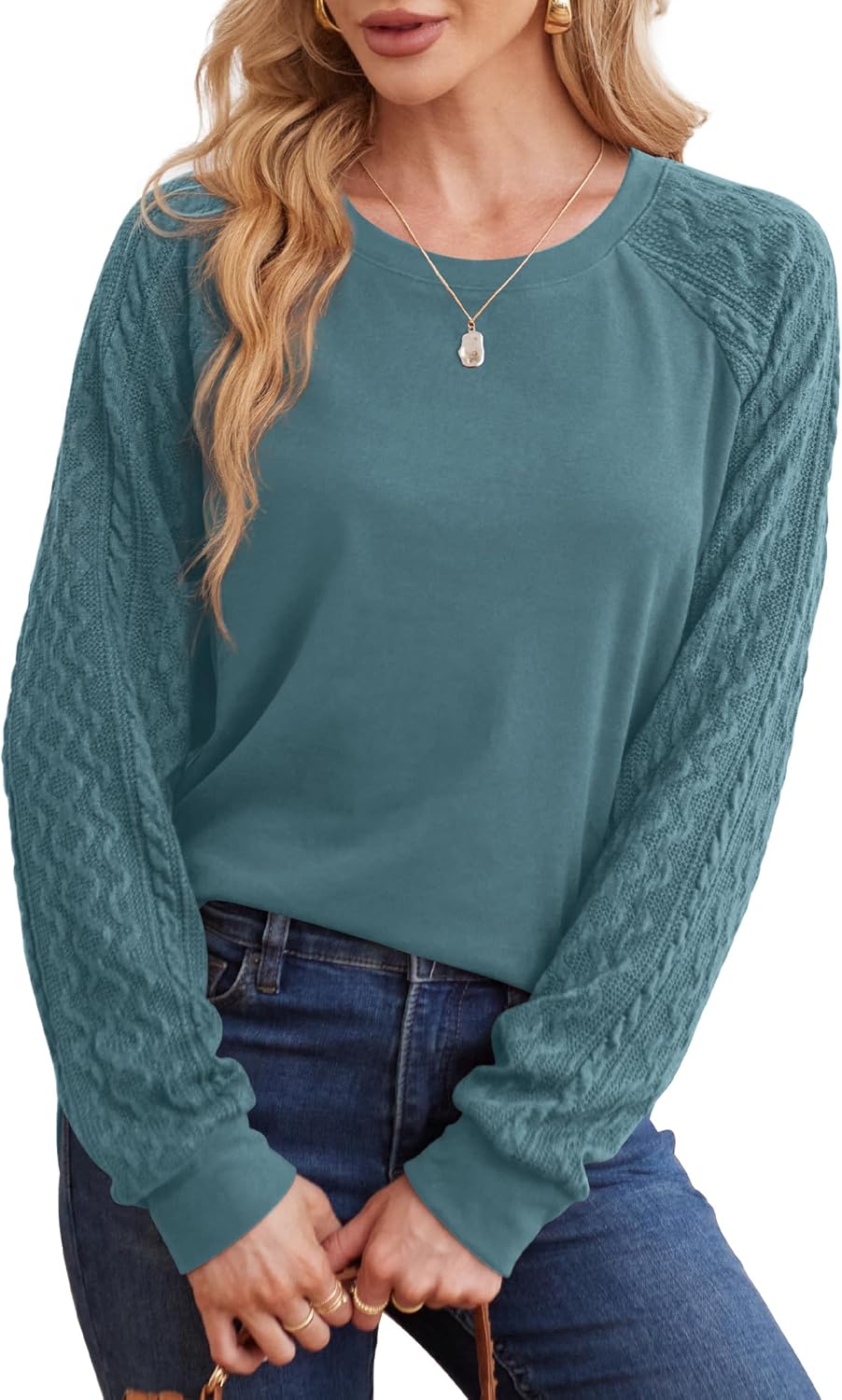 Saloogoe Sweatshirts for Women Crewneck Cable Knit Sleeve Sweaters Lightweight Fashion 2025 - Image 3