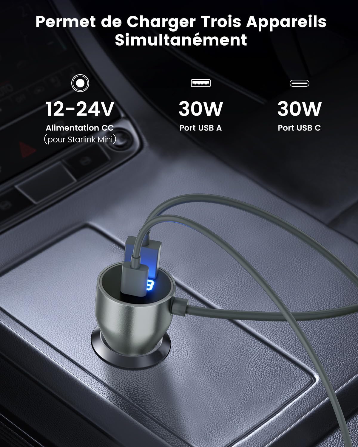 Mwin Starlink Mini Câble - Accessoires Starlink Mini Chargeur de Voiture 3 en 1, Adaptateur Allume-Cigare 12V-24V avec Affichage Numérique, Ports USB C/USB A Charge Rapide 30W pour Voitures (3M)