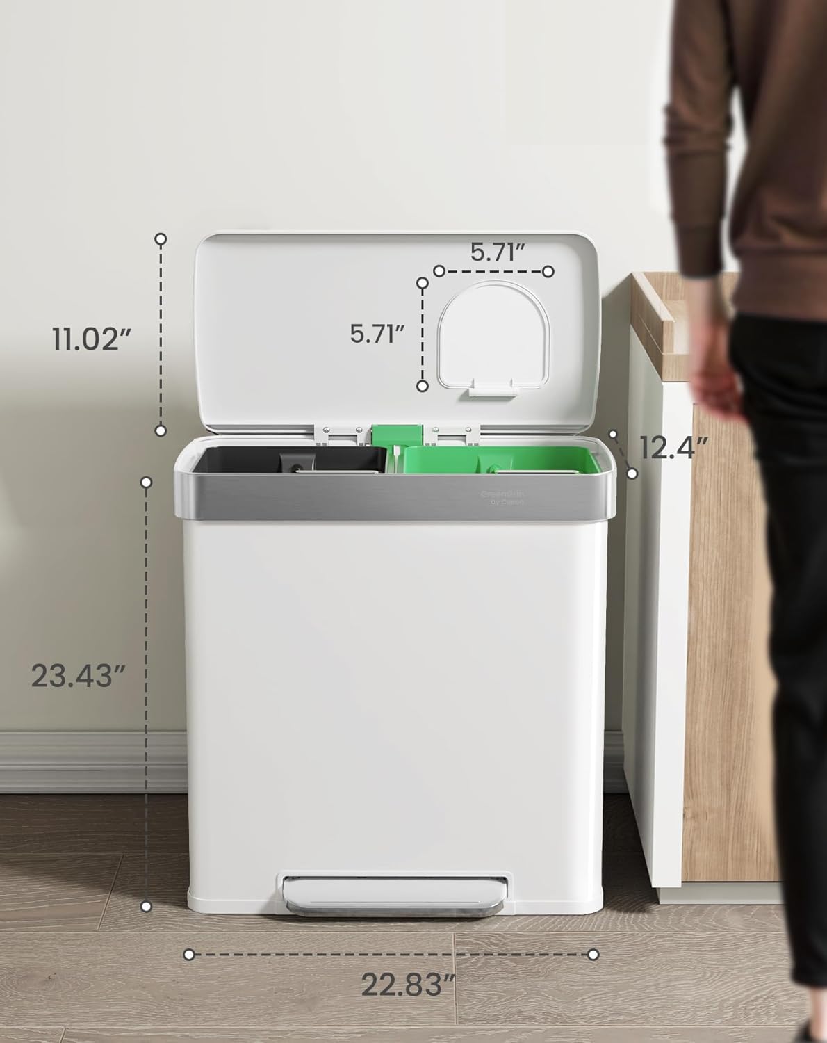 Cesun GreenGrin Kitchen Trash Can, 2x8 Gallon Dual Compartment Trash and Recycle Bin Combo, Double Stainless Steel Step Garbage Can with Lid, Recycling Push Flap,Removable Inner Buckets,30L+30L(White)