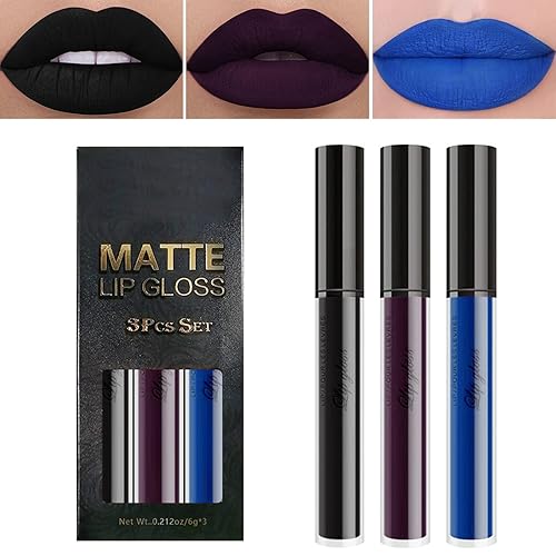 Juego de 3 pintalabios líquido mate de 24 horas color rojo oscuro negro azul morado rosa mate juego de maquillaje para manchas impermeable de larga