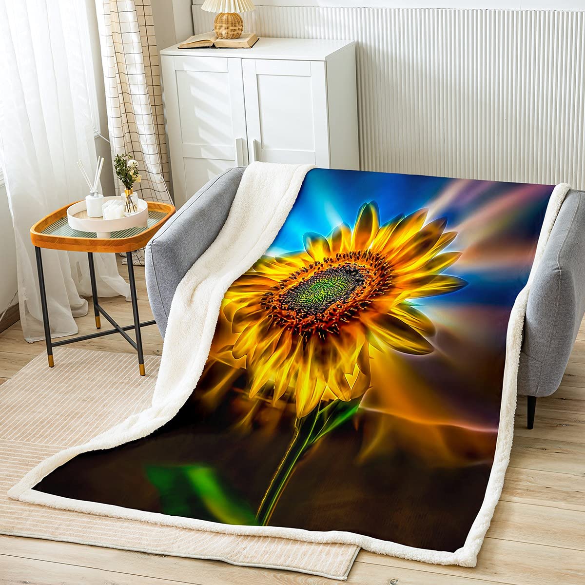 Sunflower Fleece Throw Blanket Floral Print Sherpa Blanket for Kids Boys Girls Blooming Sunflower Fuzzy Blanket for Sofa Bed Loves The Life,Single 50x60 Inch