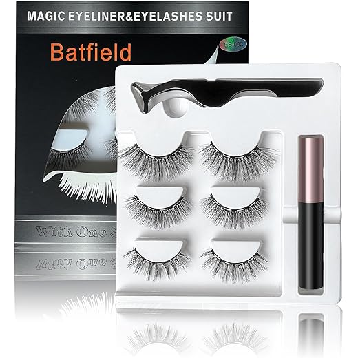 Batfield 3 Pairs Magnetic False Eyelashes - Reusable Fake Eyelashes with Eyeliner and Tweezer - Artificial Eye Lashes for Women Natural Wispy(Style 4)