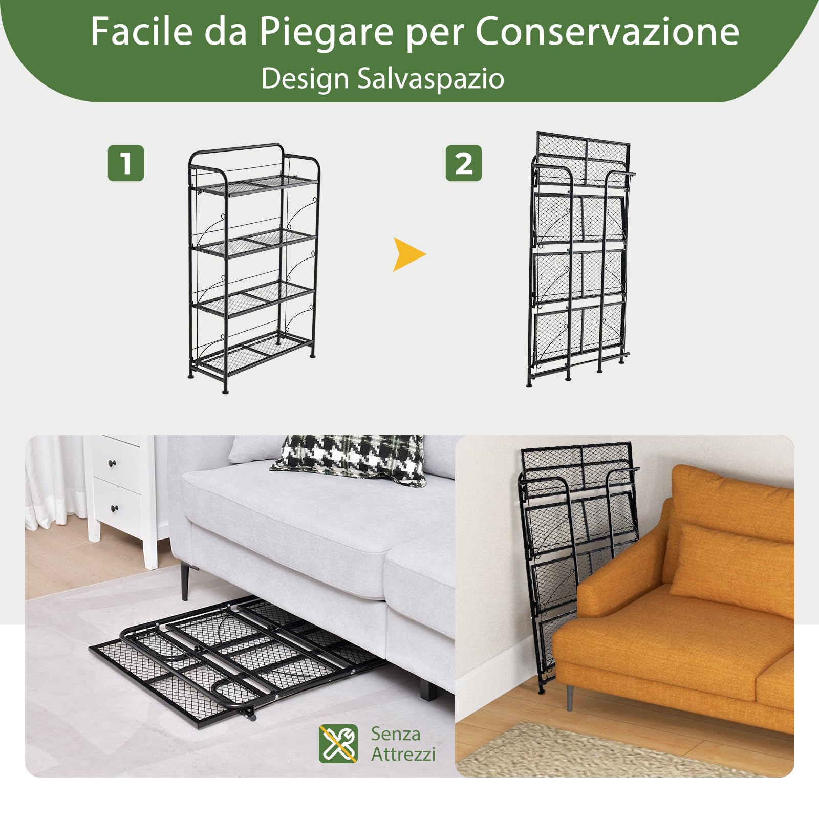 RELAX4LIFE Porta Piante a 4 Ripiani, Scaffale per Piante Pieghevole in Metallo, Porta Vasi con Ripiano Regolabile e Piedini Regolabili, Portavasi Decorativa per Giardino, Balcone e Patio